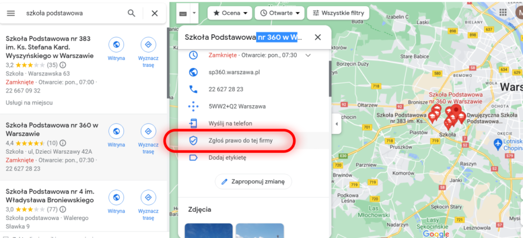 Profil szkoły na mapie Google